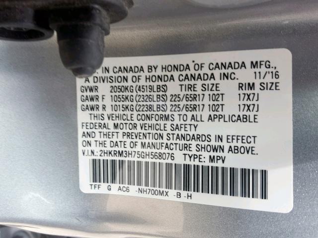 2HKRM3H75GH568076 - 2016 HONDA CR-V EXL GRAY photo 10