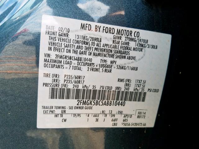 2FMGK5BC5ABB10440 - 2010 FORD FLEX SE BLUE photo 10