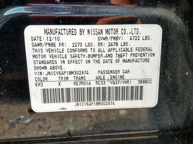 JN1CV6AP1BM302974 - 2011 INFINITI G37 BASE BLACK photo 10