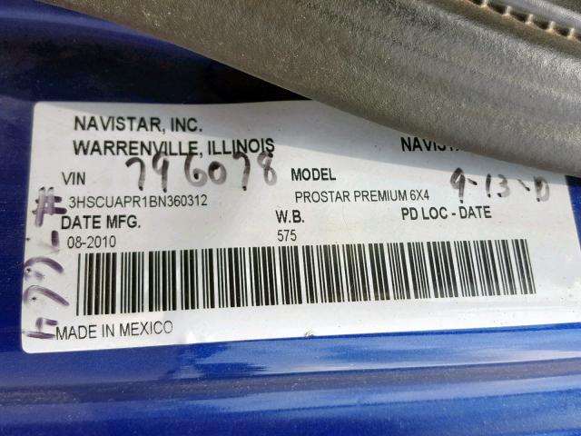 3HSCUAPR1BN360312 - 2011 INTERNATIONAL PROSTAR PR BLUE photo 10