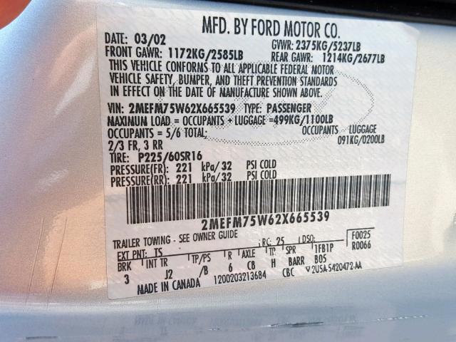 2MEFM75W62X665539 - 2002 MERCURY GRAND MARQ SILVER photo 10