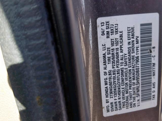 5FNRL5H95DB077906 - 2013 HONDA ODYSSEY TO GRAY photo 10