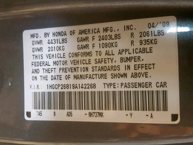 1HGCP26819A142268 - 2009 HONDA ACCORD EXL GRAY photo 10