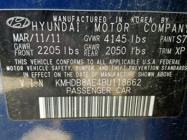 KMHDB8AE4BU118662 - 2011 HYUNDAI ELANTRA TO BLUE photo 10