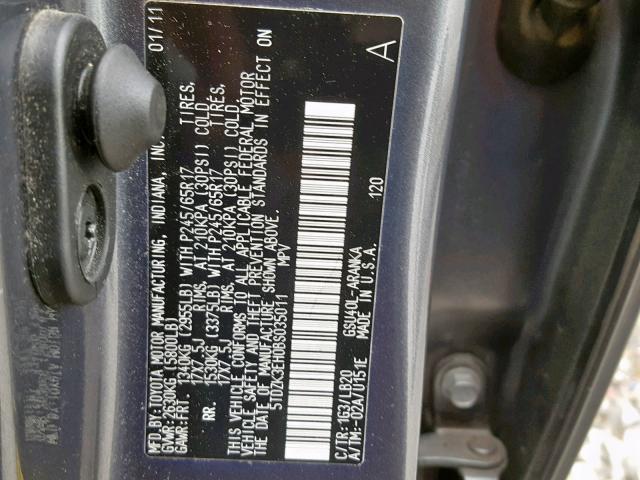 5TDZK3EH0BS035011 - 2011 TOYOTA HIGHLANDER GRAY photo 10