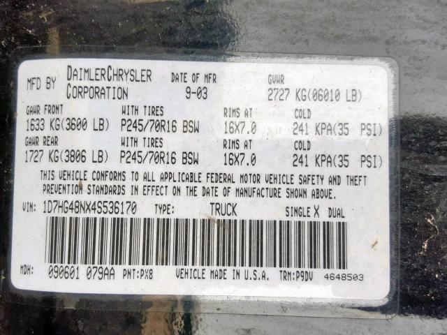 1D7HG48NX4S536170 - 2004 DODGE DAKOTA QUA BLACK photo 10