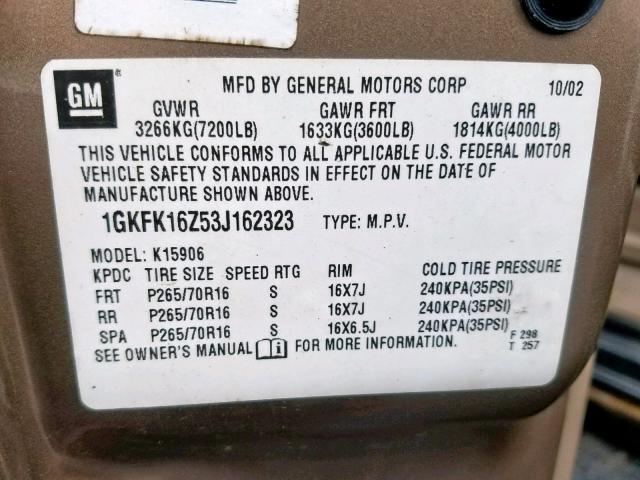 1GKFK16Z53J162323 - 2003 GMC YUKON XL K TAN photo 10