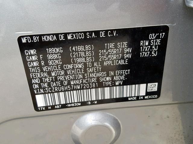 3CZRU6H57HM720381 - 2017 HONDA HR-V EX GRAY photo 10