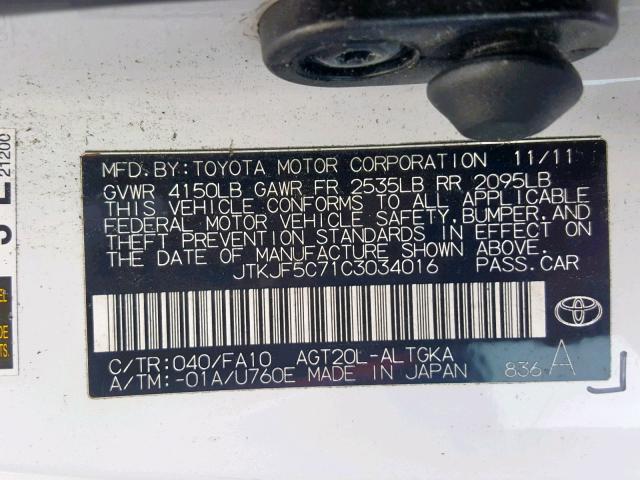 JTKJF5C71C3034016 - 2012 TOYOTA SCION TC WHITE photo 10