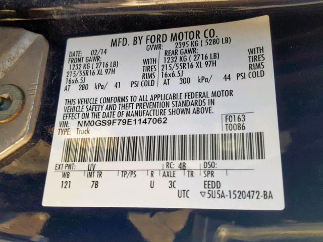 NM0GS9F79E1147062 - 2014 FORD TRANSIT CO BLUE photo 10