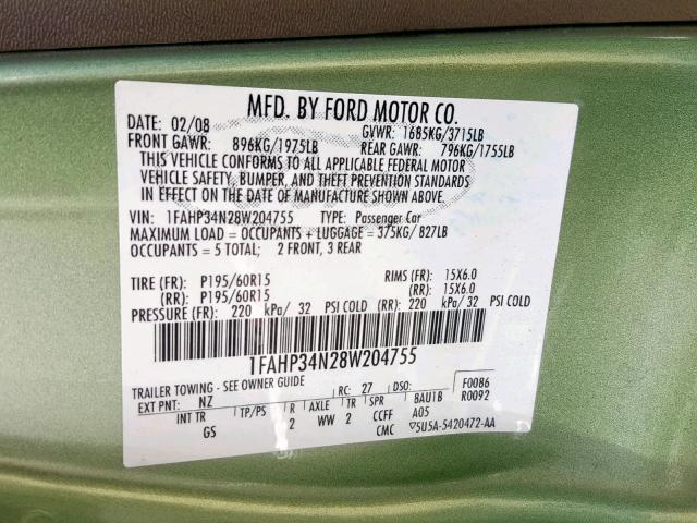 1FAHP34N28W204755 - 2008 FORD FOCUS S/SE GREEN photo 10