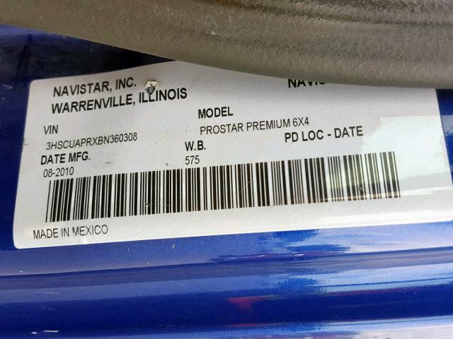 3HSCUAPRXBN360308 - 2011 INTERNATIONAL PROSTAR PR BLUE photo 10