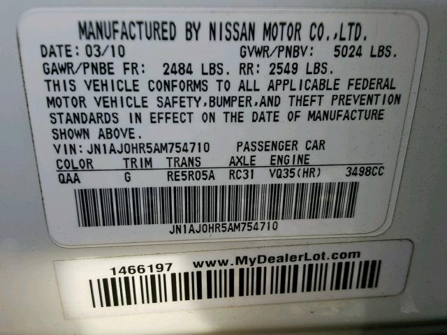 JN1AJ0HR5AM754710 - 2010 INFINITI EX35 BASE Ağ foto 10