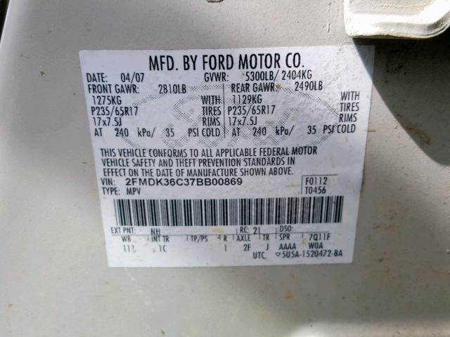 2FMDK36C37BB00869 - 2007 FORD EDGE SE TAN photo 10