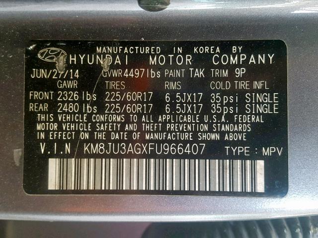 KM8JU3AGXFU966407 - 2015 HYUNDAI TUCSON LIM CHARCOAL photo 10