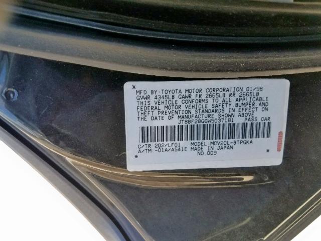 JT8BF28G6W5037181 - 1998 LEXUS ES 300 BLACK photo 10