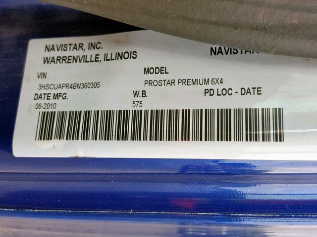 3HSCUAPR4BN360305 - 2011 INTERNATIONAL PROSTAR PR BLUE photo 10