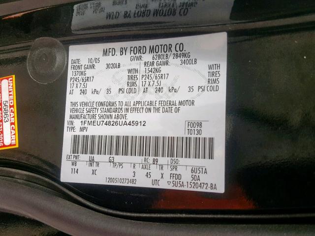 1FMEU74826UA45912 - 2006 FORD EXPLORER E BLACK photo 10