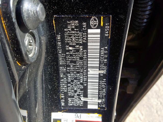 4T1BD1FK1CU029849 - 2012 TOYOTA CAMRY HYBR BLACK photo 10