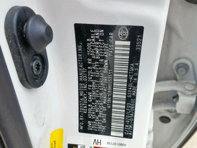 4T1BK1EB9HU259511 - 2017 TOYOTA AVALON XLE WHITE photo 10