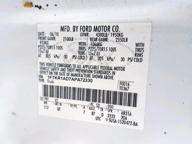 1FTKR1AD7APA72330 - 2010 FORD RANGER WHITE photo 10