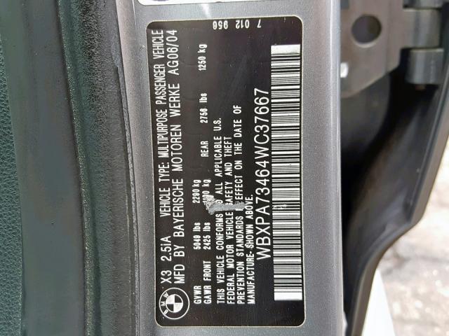 WBXPA73464WC37667 - 2004 BMW X3 2.5I GRAY photo 10