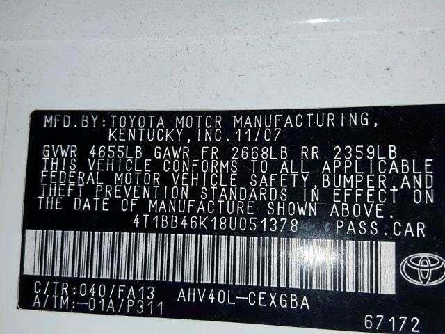 4T1BB46K18U051378 - 2008 TOYOTA CAMRY HYBR WHITE photo 10