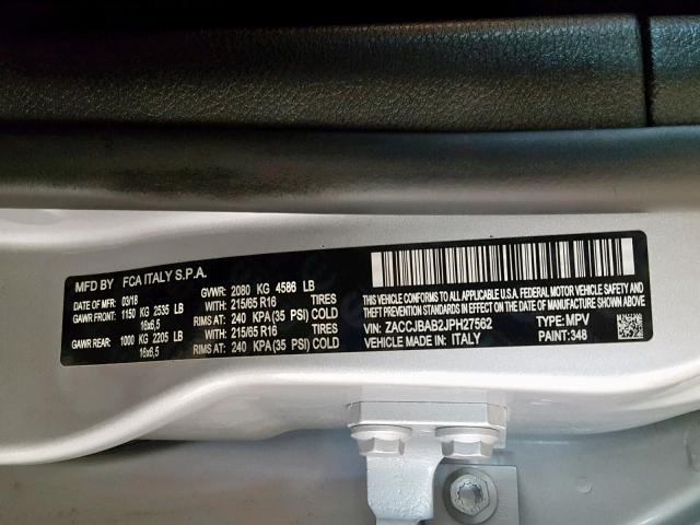 ZACCJBAB2JPH27562 - 2018 JEEP RENEGADE S 银色 照片 10