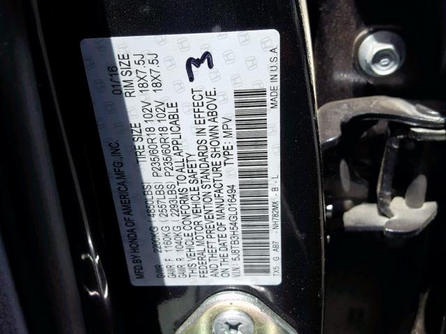 5J8TB3H54GL016494 - 2016 ACURA RDX TECHNO CHARCOAL photo 10