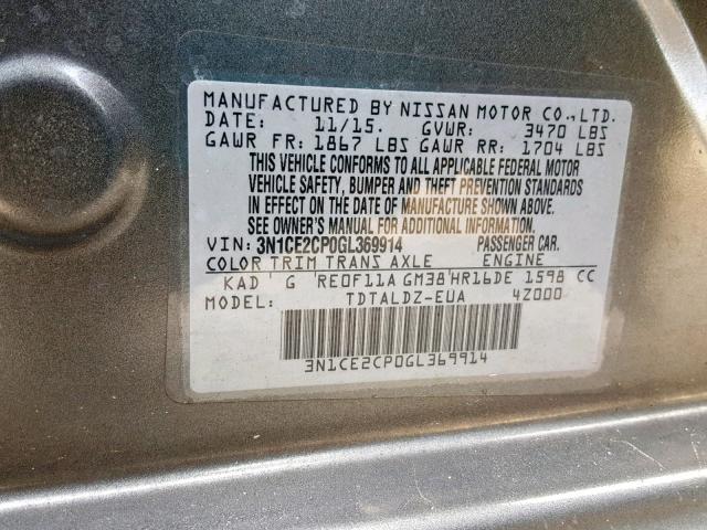 3N1CE2CP0GL369914 - 2016 NISSAN VERSA NOTE GRAY photo 10