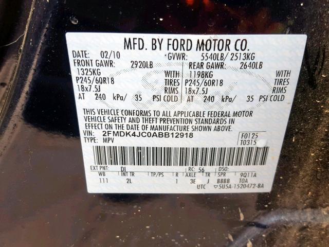 2FMDK4JC0ABB12918 - 2010 FORD EDGE SEL BLACK photo 10