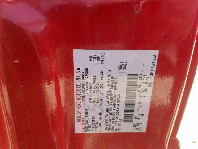 1FTYR10D94PA40933 - 2004 FORD RANGER RED photo 10