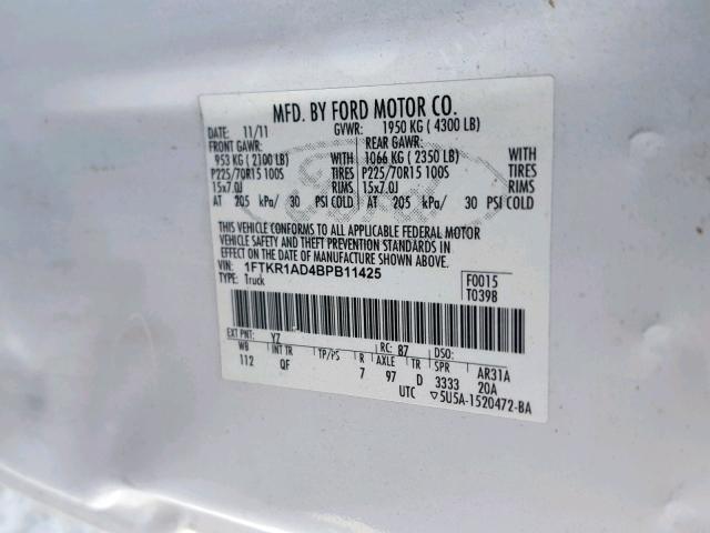 1FTKR1AD4BPB11425 - 2011 FORD RANGER WHITE photo 10