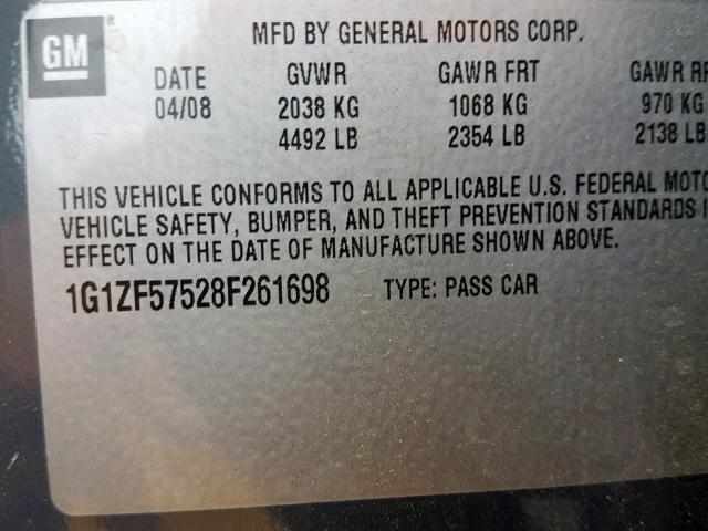 1G1ZF57528F261698 - 2008 CHEVROLET MALIBU HYB GRAY photo 10