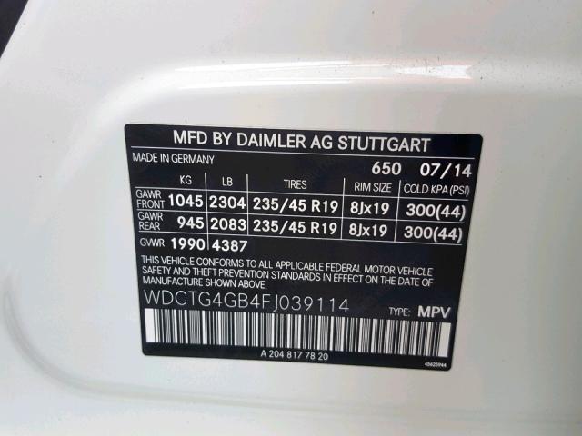 WDCTG4GB4FJ039114 - 2015 MERCEDES-BENZ GLA 250 4M WHITE photo 10