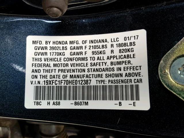 19XFC1F70HE012387 - 2017 HONDA CIVIC EXL 蓝色 照片 10