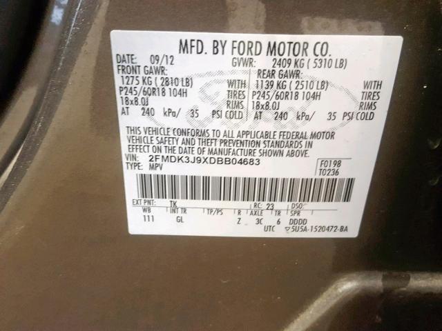 2FMDK3J9XDBB04683 - 2013 FORD EDGE SEL GRAY photo 10