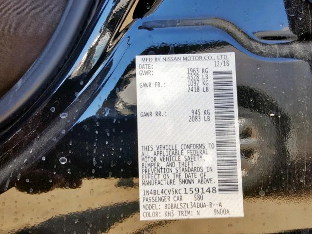 1N4BL4CV5KC159148 - 2019 NISSAN ALTIMA SR BLACK photo 10