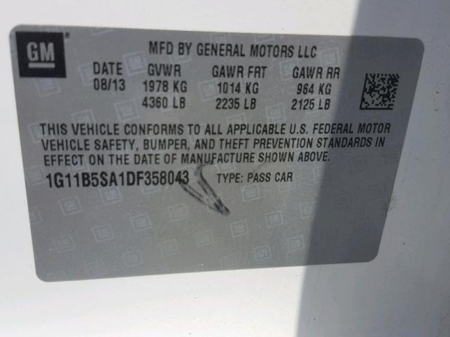 1G11B5SA1DF358043 - 2013 CHEVROLET MALIBU LS WHITE photo 10