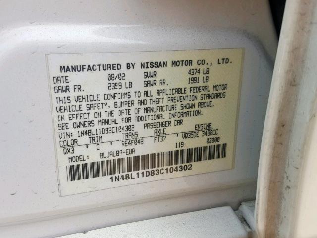 1N4BL11D83C104302 - 2003 NISSAN ALTIMA SE WHITE photo 10