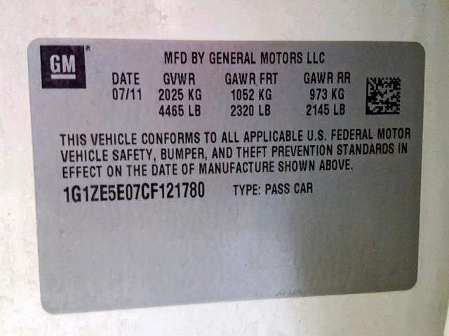 1G1ZE5E07CF121780 - 2012 CHEVROLET MALIBU LTZ 白色 照片 10