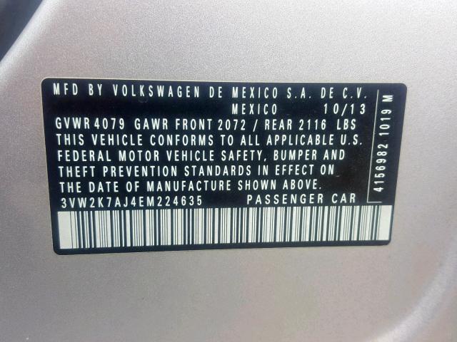 3VW2K7AJ4EM224635 - 2014 VOLKSWAGEN JETTA BASE SILVER photo 10