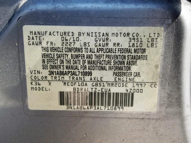 3N1AB6AP3AL710899 - 2010 NISSAN SENTRA 2.0 SILVER photo 10