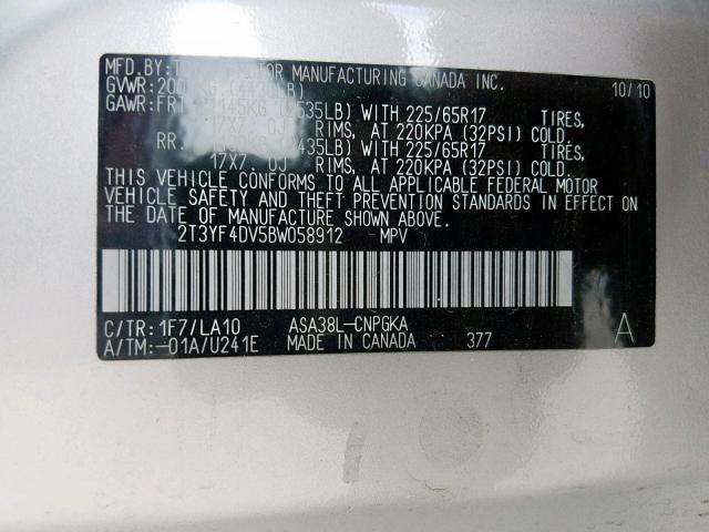 2T3YF4DV5BW058912 - 2011 TOYOTA RAV4 LIMIT GRAY photo 10