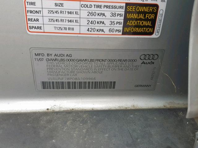 WAUNF78P08A109964 - 2008 AUDI A3 2.0 PRE SILVER photo 10