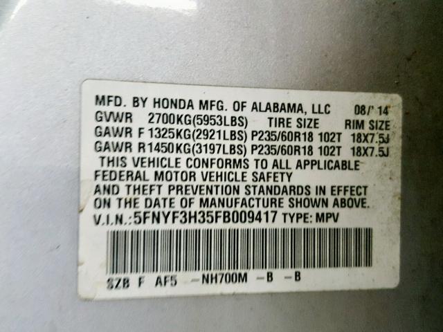 5FNYF3H35FB009417 - 2015 HONDA PILOT SE BLUE photo 10