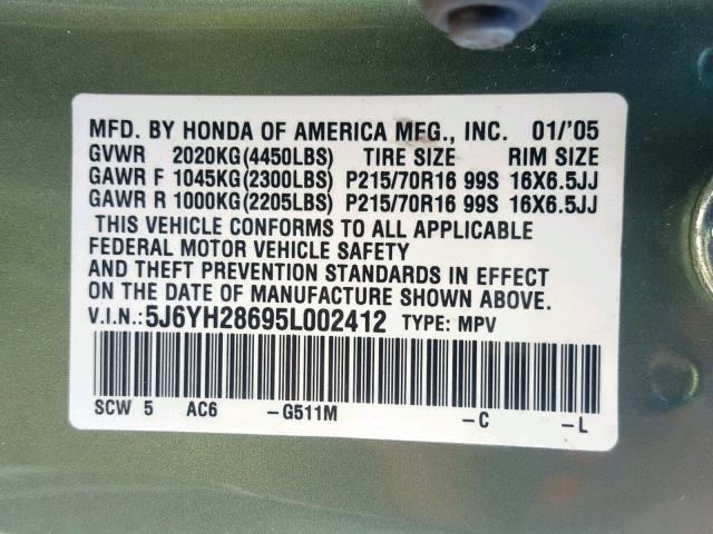 5J6YH28695L002412 - 2005 HONDA ELEMENT EX GREEN photo 10