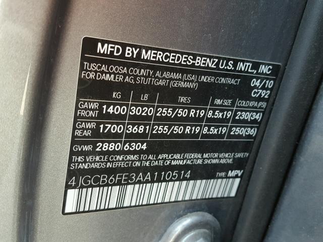 4JGCB6FE3AA110514 - 2010 MERCEDES-BENZ R 350 4MAT GRAY photo 10