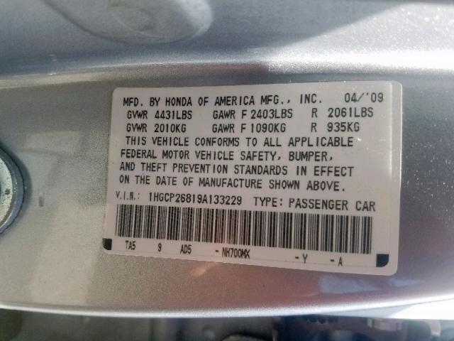 1HGCP26819A133229 - 2009 HONDA ACCORD EXL SILVER photo 10