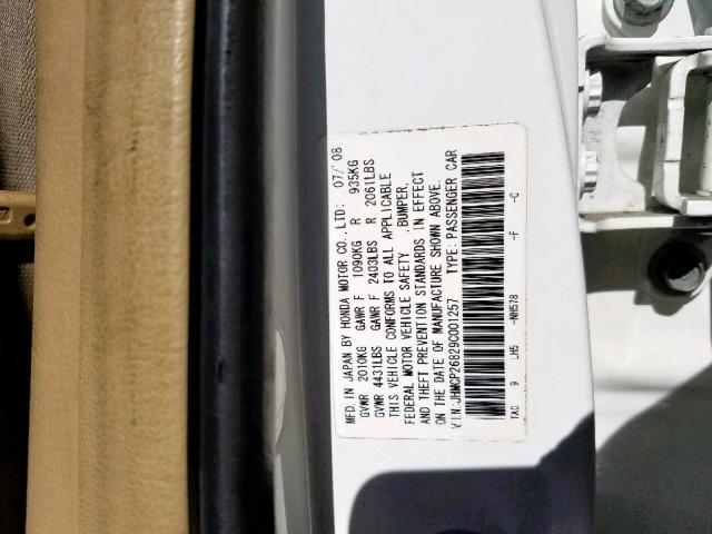 JHMCP26829C001257 - 2009 HONDA ACCORD EXL WHITE photo 10